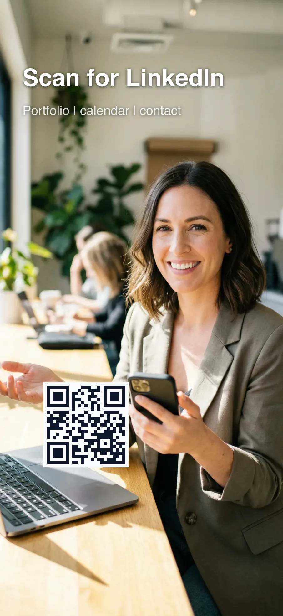 Lock screen wallpaper with a QR code linking to a LinkedIn profile.