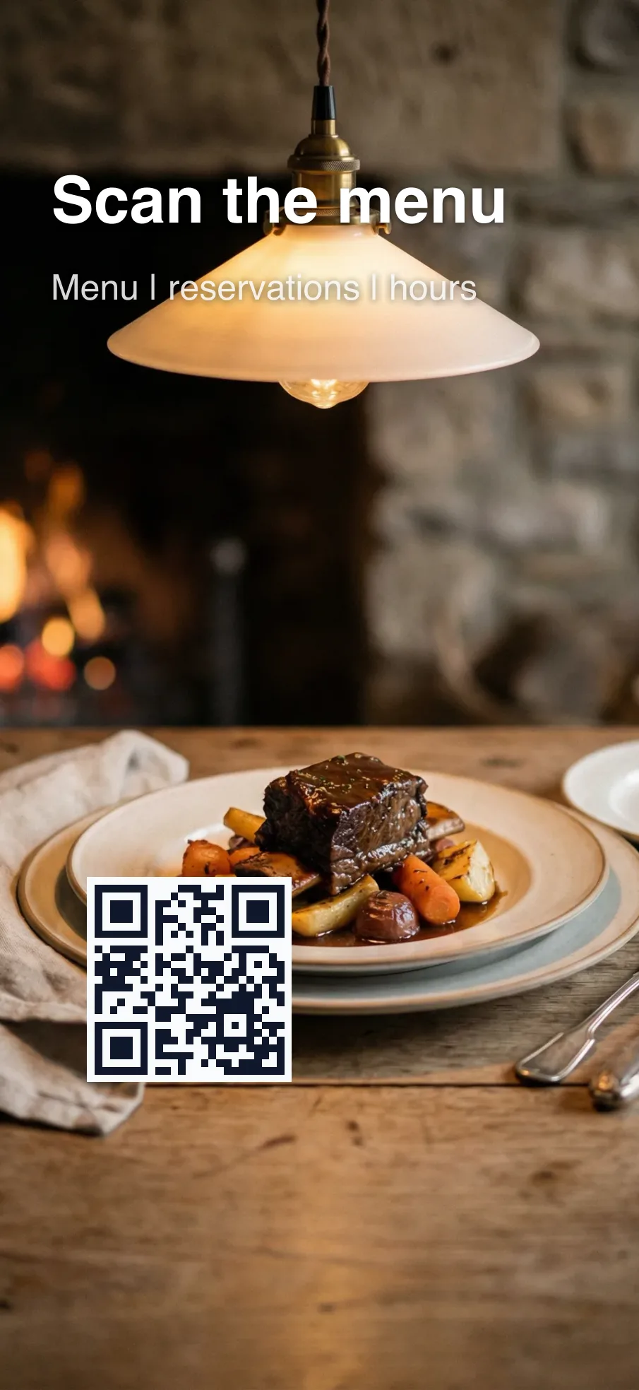 Lock screen wallpaper with a QR code linking to a restaurant menu.
