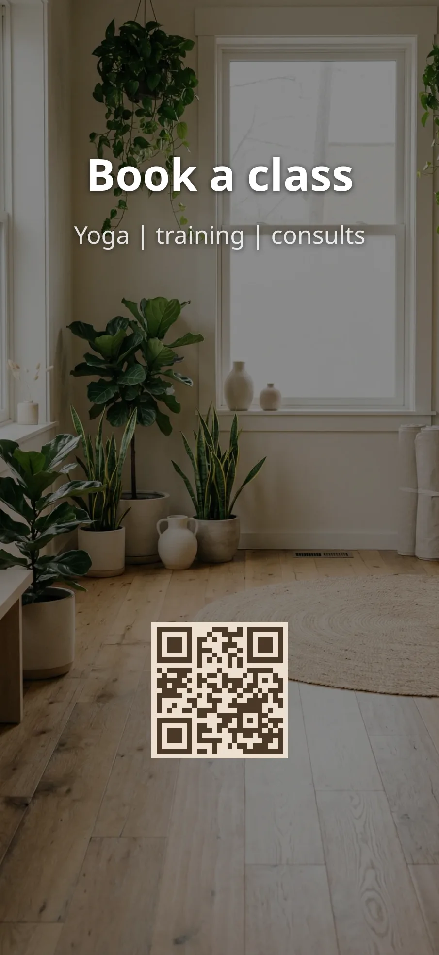 Lock screen wallpaper with a QR code linking to a class booking page.